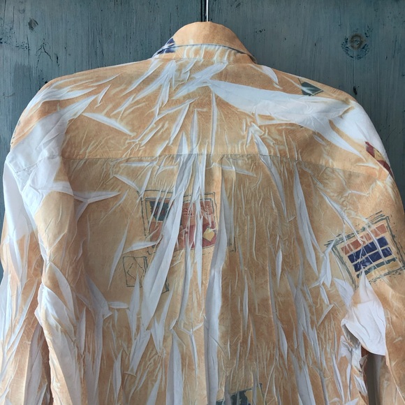 Italian tie-dye crinkle shirt - maize & white w/blue, green, terra cotta print - Picture 6 of 16